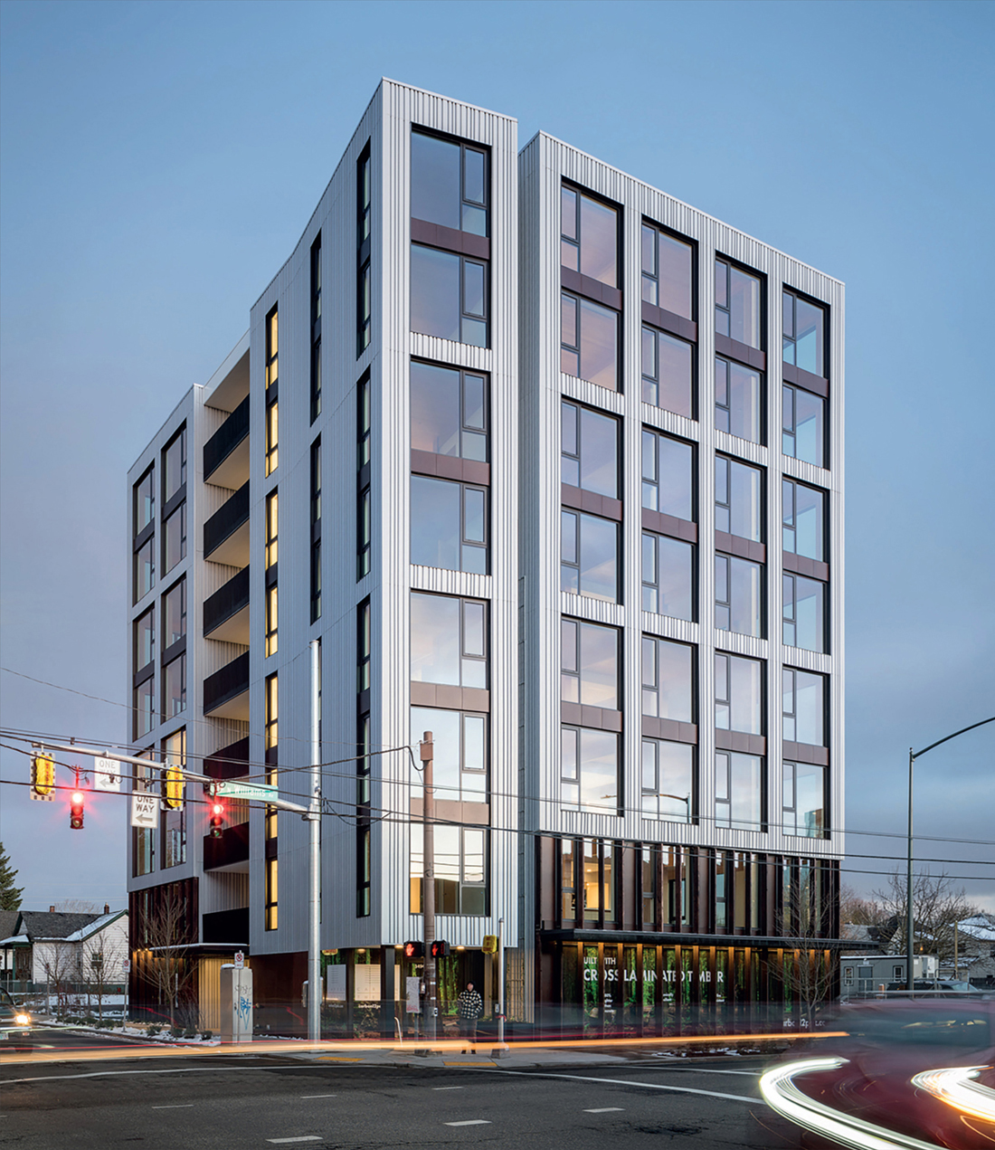 FIG 13.0 (chapter opener) Carbon12, Portland, by Kaiser Group and Path Architecture was the tallest multistorey post and beam timber structure in the US (when completed in 2018) at 8 storeys tall. CLT soffits and a glulam timber perimeter frame are exposed through residential areas.