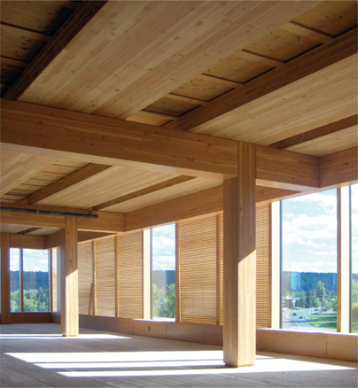 FIG 13.1 Wood Innovation and Design Centre, Prince George, British Columbia by Michael Green Architects (2014). Layered CLT floor slabs create service zones unobstructed by downstand glulam beams to this mid-rise timber hybrid.