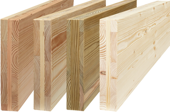 FIG 5.3 Timber species, availability and cost vary by region. Manufacturers typically offer a default (economic) option but may offer a range of timbers with differing characteristics and surface qualities. From left: Douglas Fir, Pine, UC3 pressure treated Pine, Spruce – as available from French manufacturer Piveteaubois.