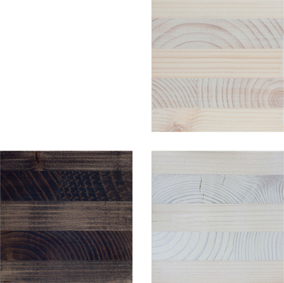 FIG 5.8 Coatings on spruce, from top: Two coats of white wax oil; Two coats of black wax oil; Softwood lye treated.