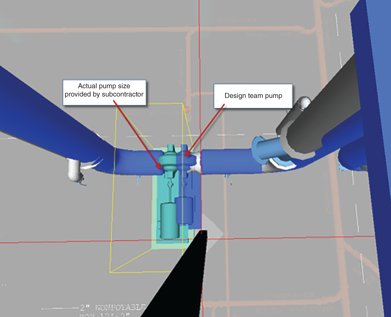 Screenshot depicting the pump size and placement variance between the construction model and design model for a pipeline.