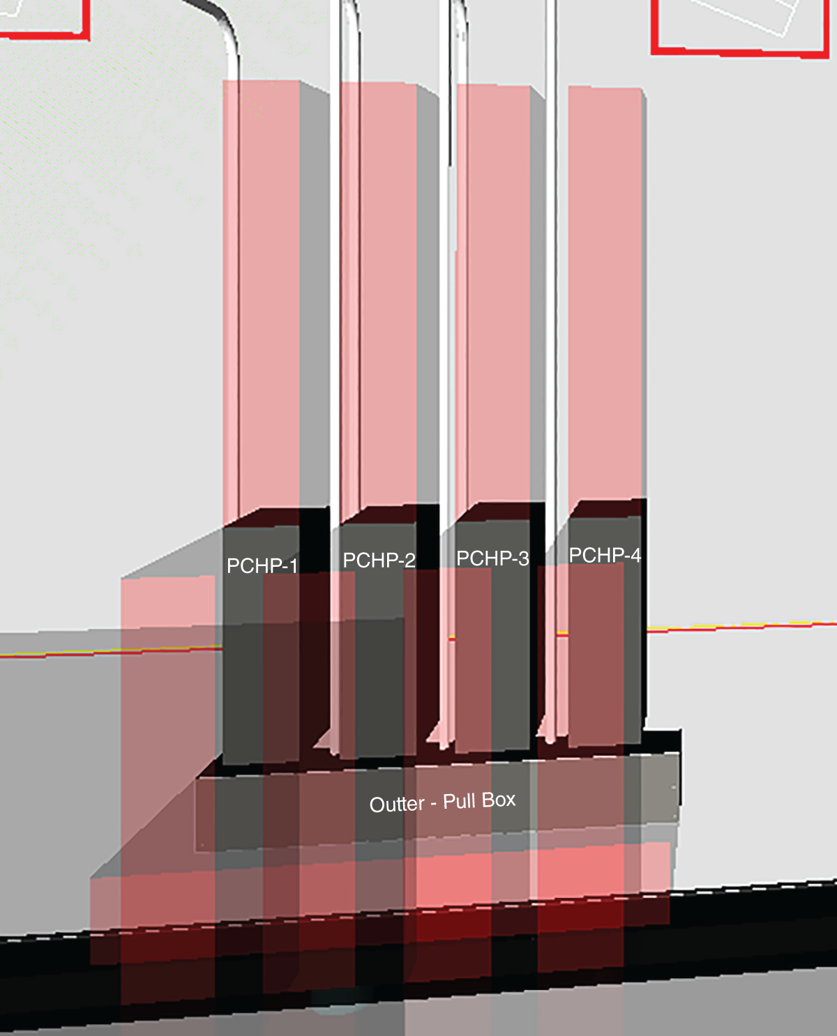 Screenshot depicting code-required clearance zones modeled around four electrical boxes - PCHP-1, PCHP-2, PCHP-3, and PCHP-4.