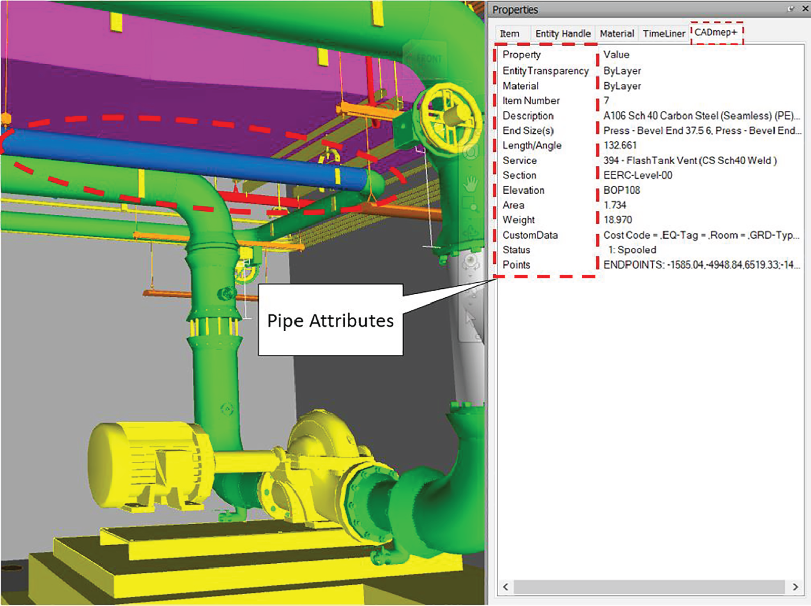 Screenshot depicting sample pipe model attribute data, such as building materials, equipment manufacturer, model or product identification codes, and maintenance information.