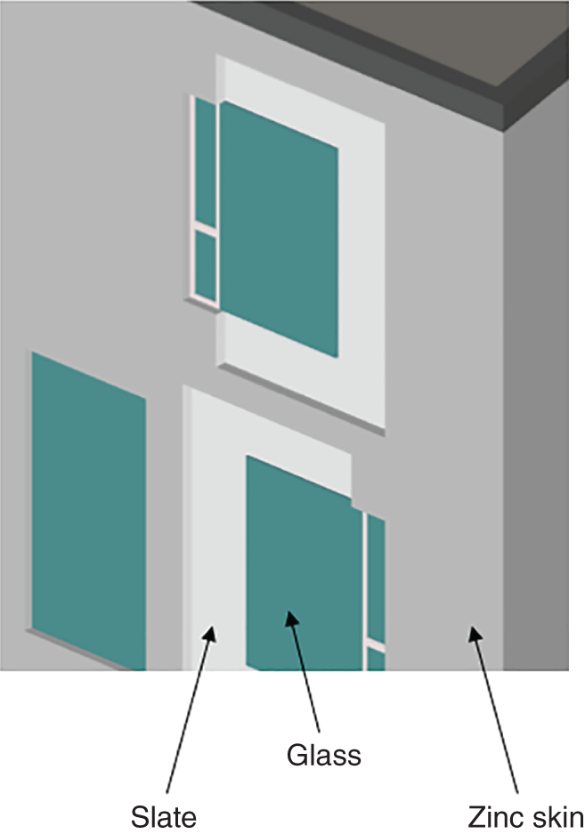 Screenshot depicting a building skin composed of diverse materials assembled in different formation for the exterior enclosure design: Slate, glass, and zinc skin.