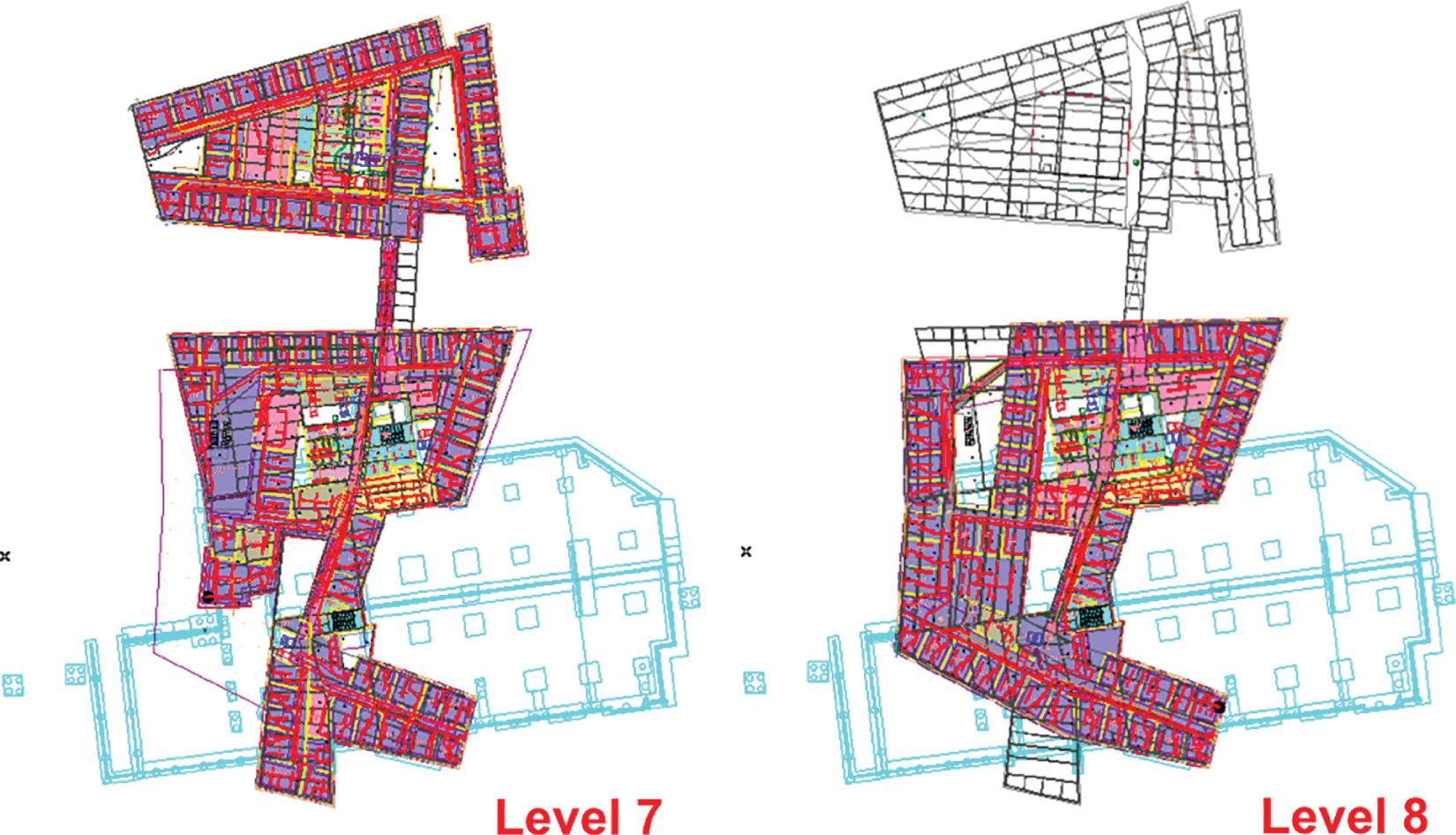 Images of floor plans for level 7 (left) and level 8 (right) depicting each floor with a unique geometry.