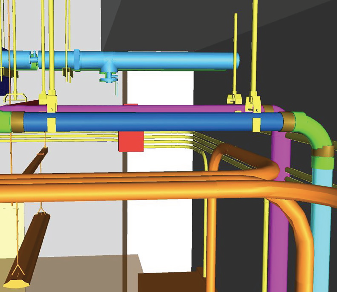 Screenshot depicting an exterior enclosure mockup of plumbing work for an academic building.