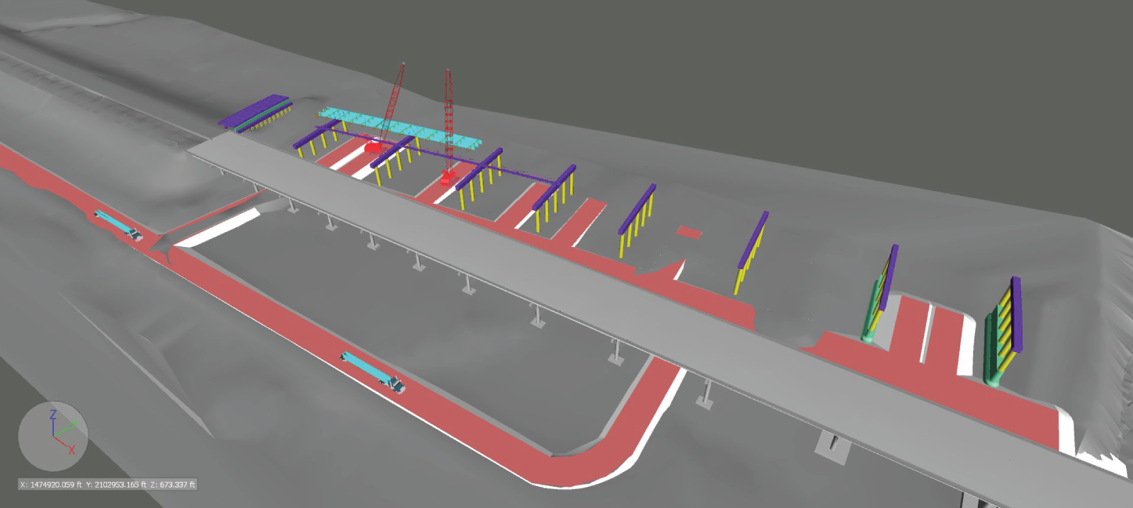 Three-dimensional modeling for a bridge and the equipment used for site planning, including evaluation of construction means and methods, and communicating the plan to field crews through 4D animations.