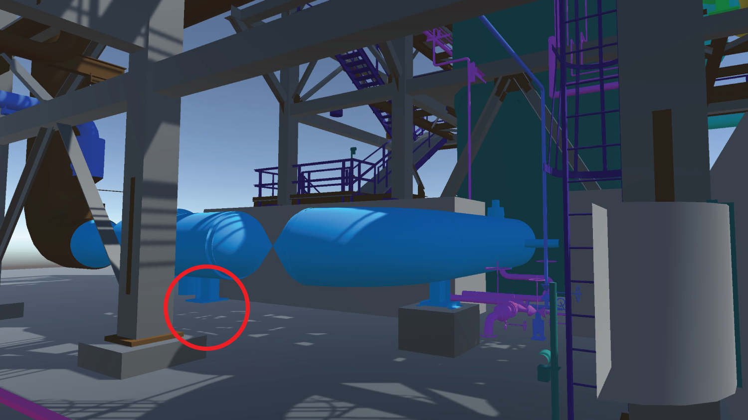 Screenshot depicting a missing support for a pipe spool (false negative) in an industrial plant.