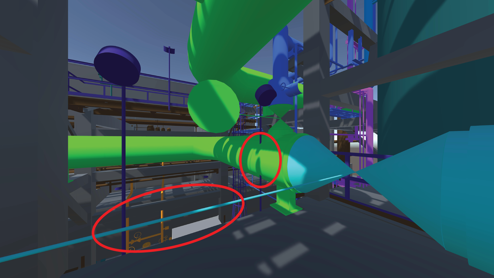 Screenshot depicting a missing fall-protection railing (false negative) and hard clash (true positive) between the pipe spool and the light fixture.