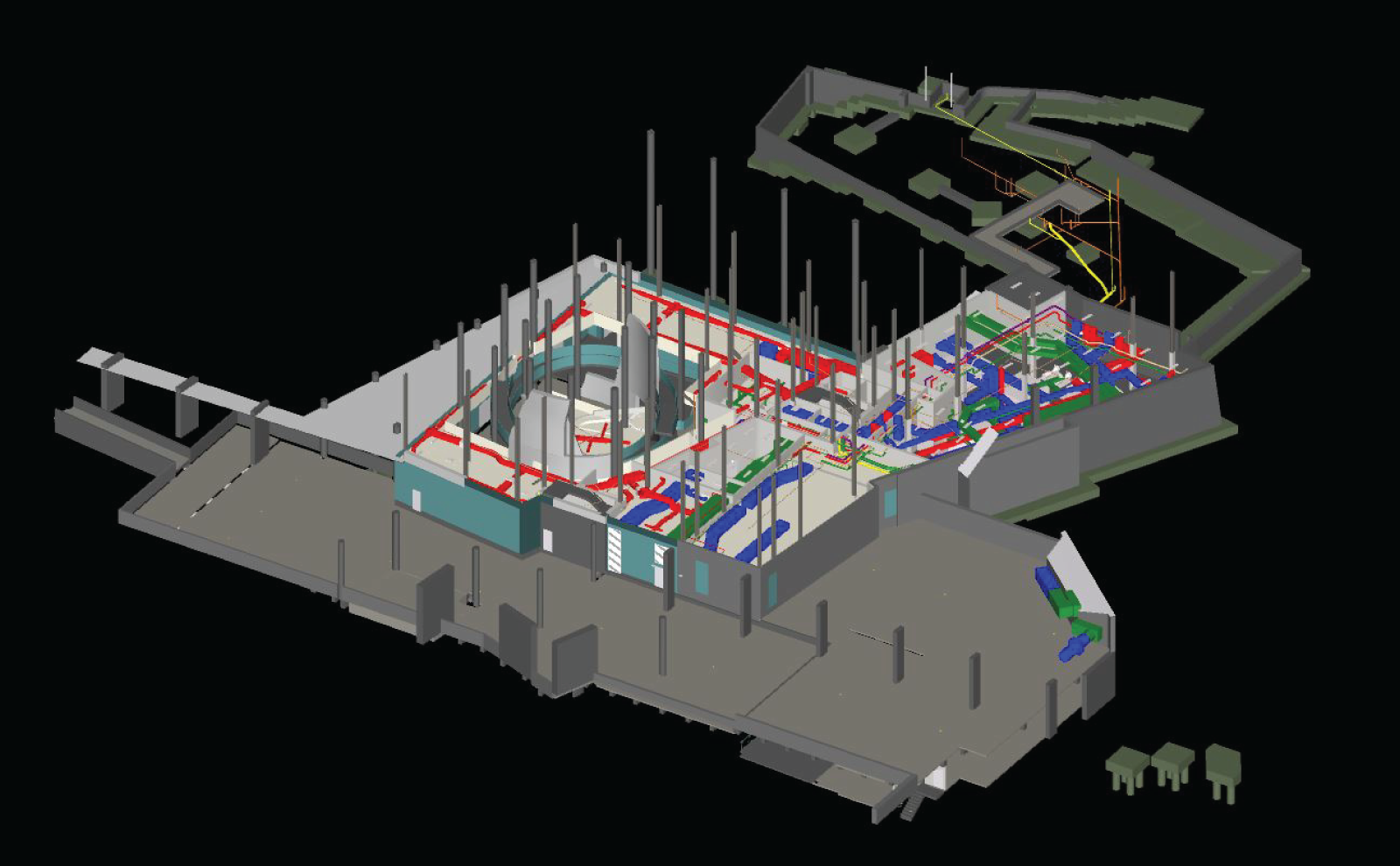 Screenshot of the second floor of an academic building in Pennsylvania depicting the models of the structural, architectural, and MEP elements.