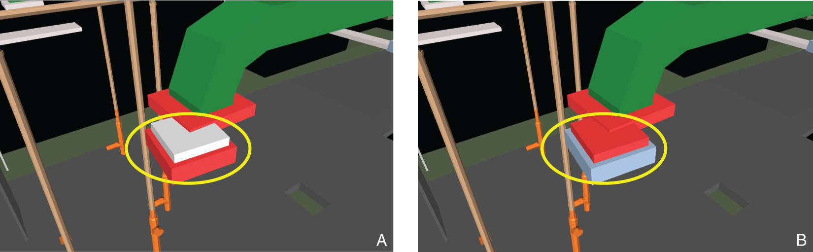 “Images depicting a false positive example for automatic clash-detection—clash between a HVAC supply diffuser and light fixture in (A) and (B). Different pieces of the same light fixture (in circle) were considered two clashes.”