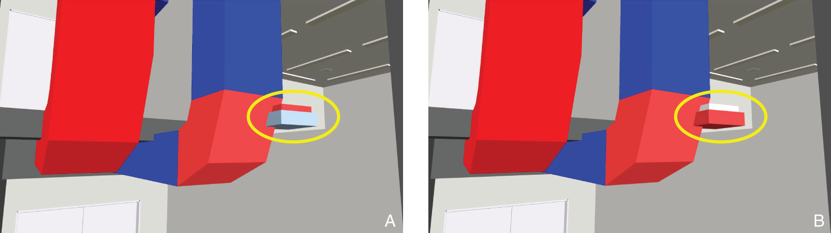 Images depicting a false positive example for automatic clash detection—clash between a duct and light fixture in (A) and (B). Different pieces of the same light fixture (in circle) were considered two clashes.