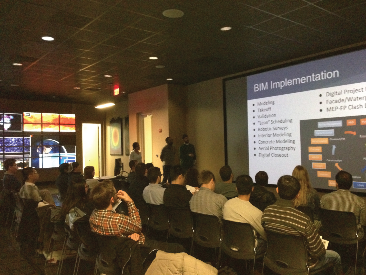 Photograph of a team of students presenting an industry-mentored case study, with the audience seated in chairs in front of the presentation.