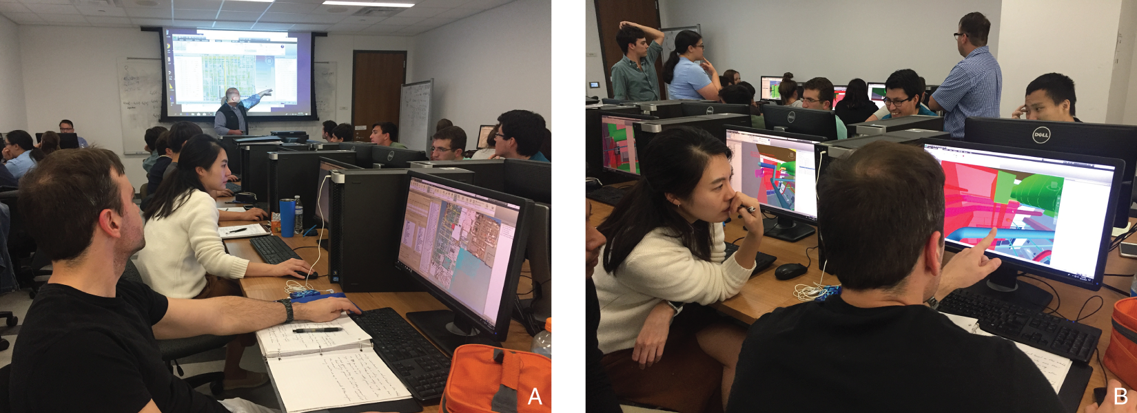 (A, B) Photographs of students in a mock BIM-based design coordination meeting, led by industry mentors.