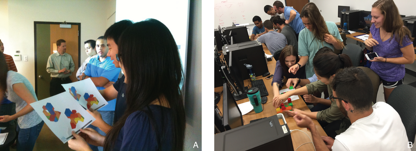 Photographs of students in three-dimensional hands-on class exercises, both industry-led (A) and instructor-led (B).