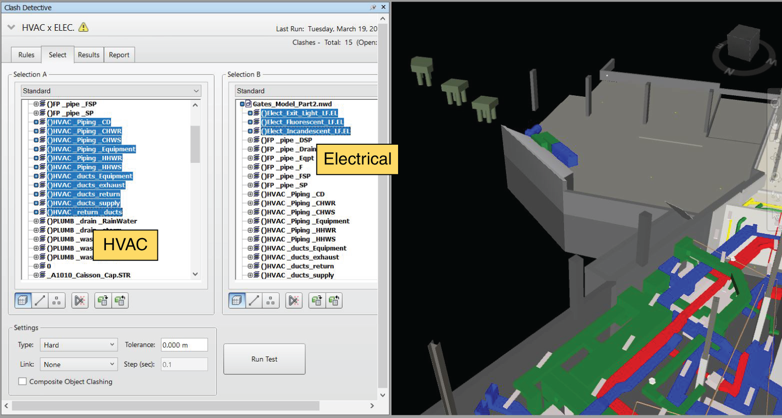 Screenshot depicting an example of pair-wise clash test on a federated model: for example, a clash test between heating, ventilation, and air conditioning (HVAC) and electrical trades.