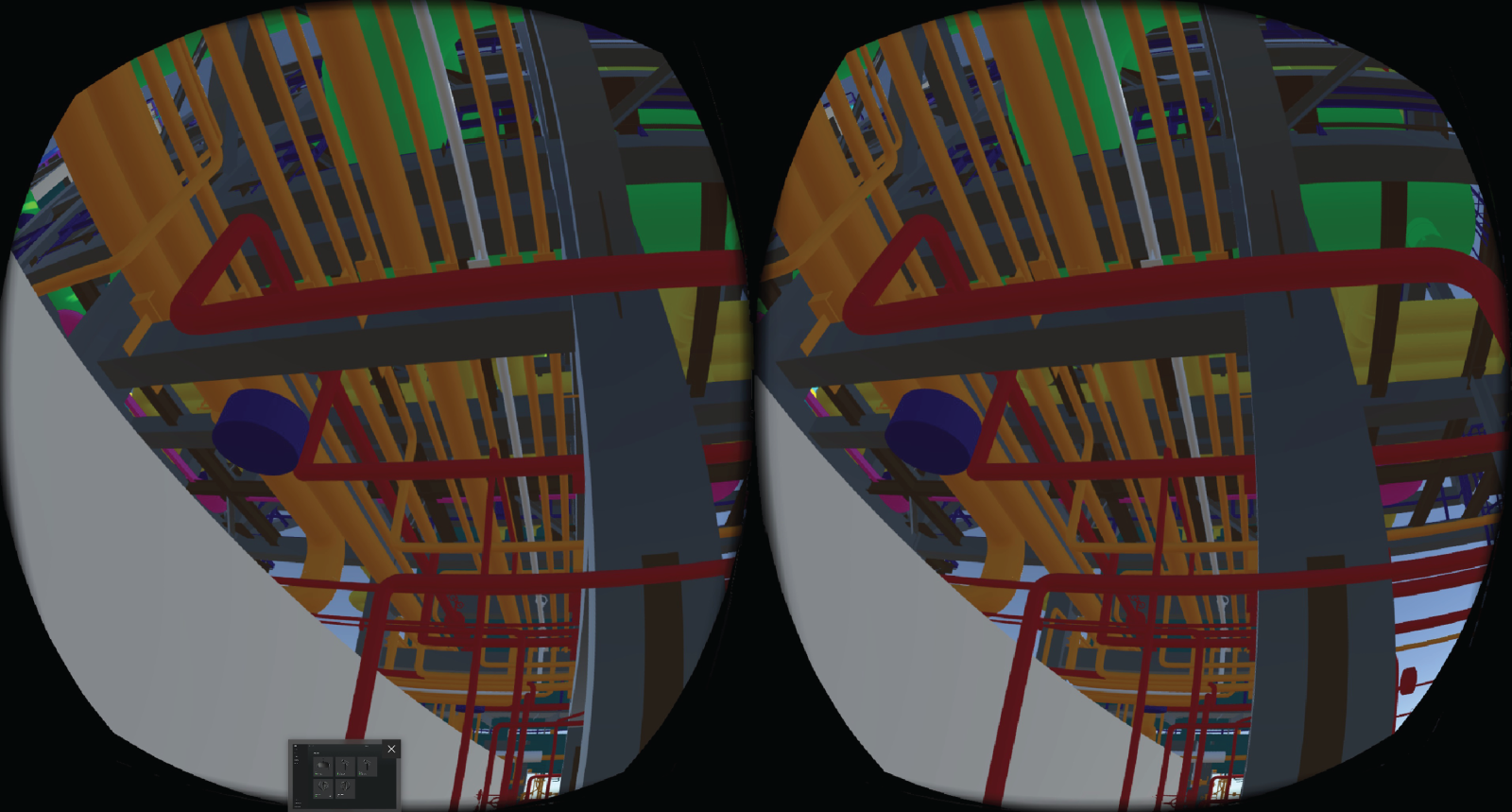 Illustration depicting the virtual reality view of an industrial plant using a head-mounted display.