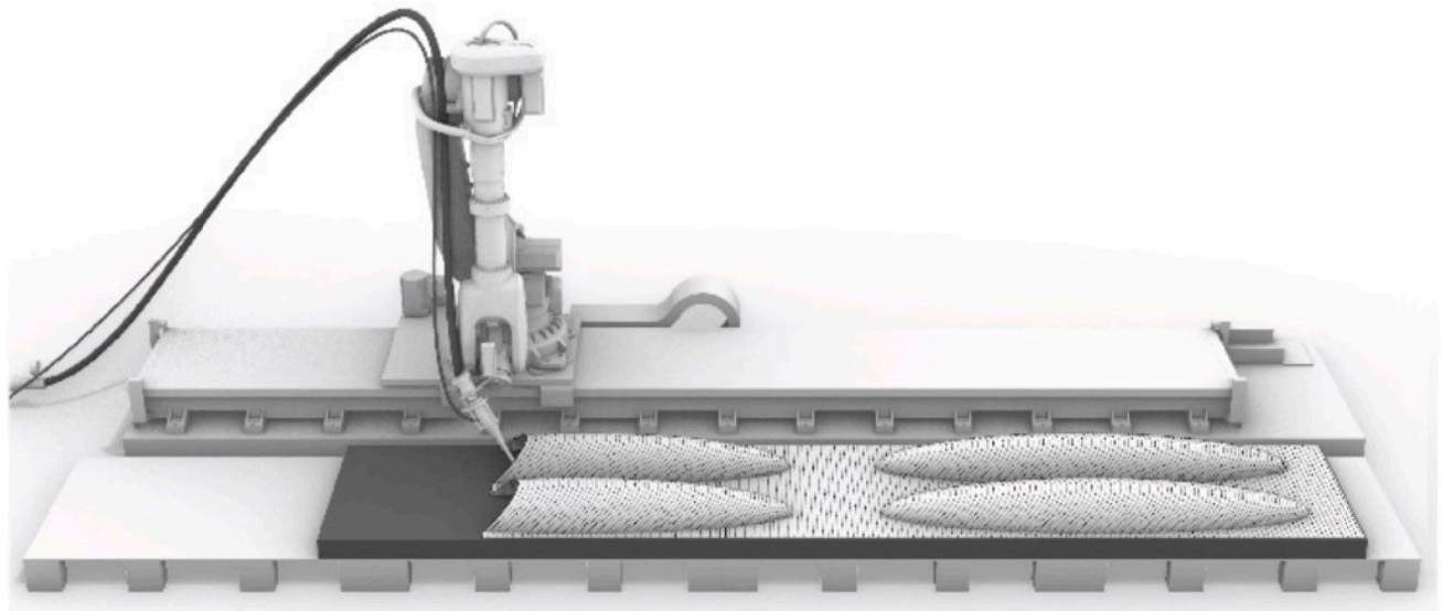 An image features a machine on a white cover. It depicts the installation of a 3D printing system that includes a six-axis robot along with a complementary linear conveyor. The content focuses on technological aspects related to text and machinery.
