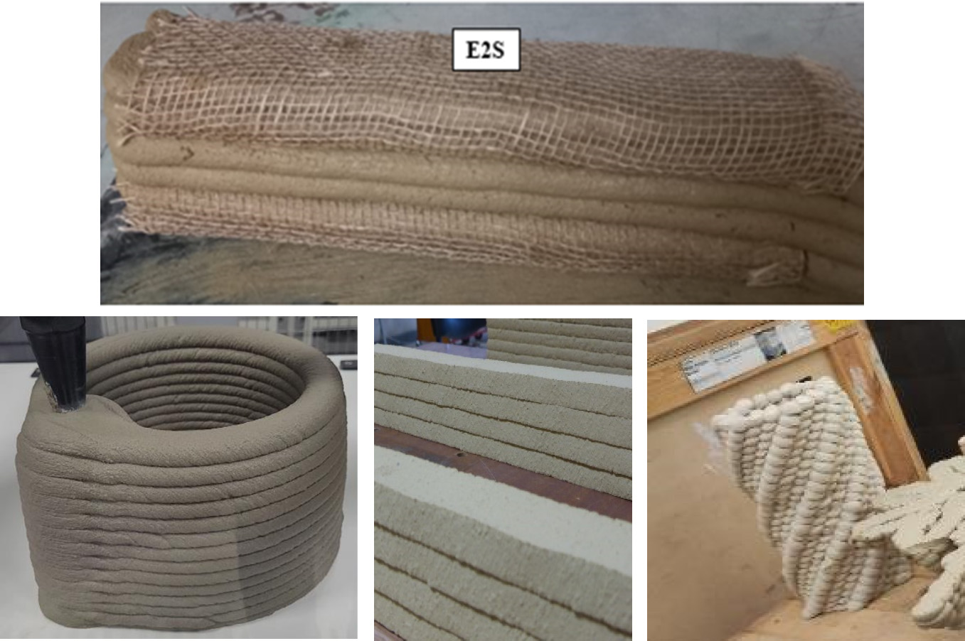 An image is a collage featuring a stack of tyres. It also includes an example of 3D soil printing structures. The colours associated with the content include beige and tan, with elements related to a rope theme.