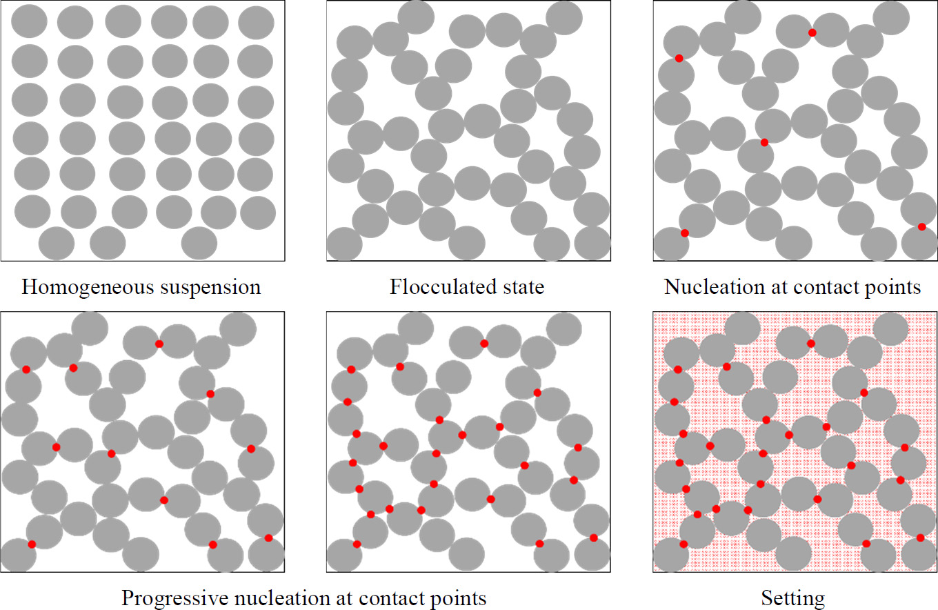 A bubble chart illustrates the different states of a homogeneous suspension. It highlights processes such as flocculated state, nucleation at contact points, progressive nucleation at contact points, and setting. The chart visually represents patterns related to these concepts.