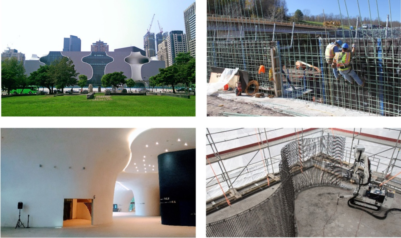 Four photographs showcase the Taichung Metropolitan Opera House, highlighting both its interior and exterior architecture. On one side, there is a detailed view of the building's design, while on the other, it features both manual and robotic elements. The setting includes a sky view with outdoor elements like trees and mosaic patterns.
