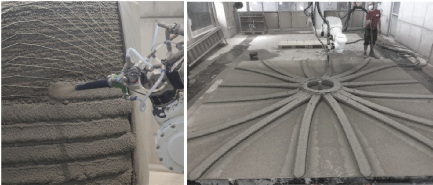 An image features a large metal object topped with a circular component. It is associated with examples of 3D-printed projects utilizing shotcrete, highlighted in the provided content. 