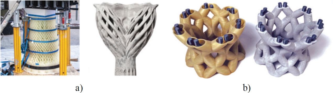 An image features a collection of differently coloured objects. It includes references to dissolvable formwork and columns developed at E T H Zurich, as well as an example from Iowa State University. 