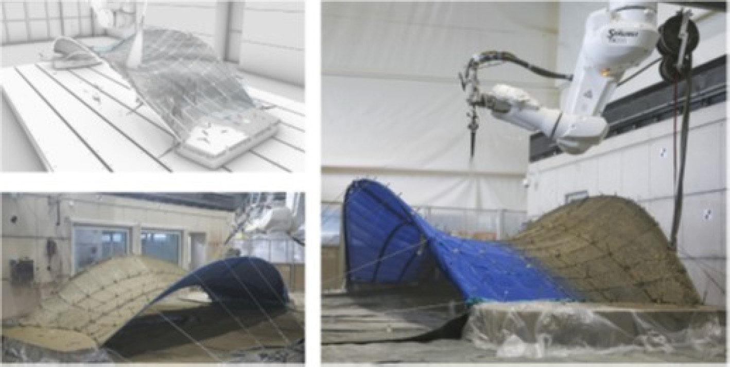 A collage featuring a person in a hospital bed. The content includes various photographs, such as a model of a robot trajectory, a textile structure that has been sewn and fully covered, and an application of robotic spraying of building material onto the textile structure. 
