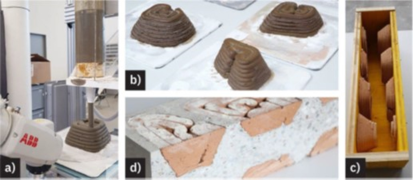 Four photographs of a self-supporting mineral foam formwork system. The first image shows a 3D printer printing a mineral foam component. The second image shows a resulting mineral foam component. The third image shows mineral foam elements attached to wooden formwork. 