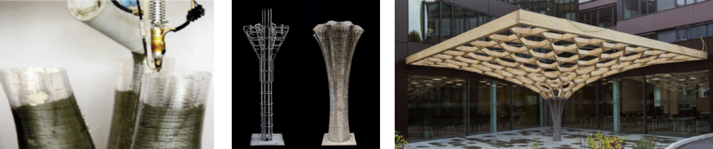 An image depicts projects that utilize the polymer printing technique as formwork. On the left side, it shows the simultaneous printing of polymer alongside the pouring of cementitious material. The middle and right sections feature a printed column that includes reinforcement and demonstrates its part in the “future tree” project.