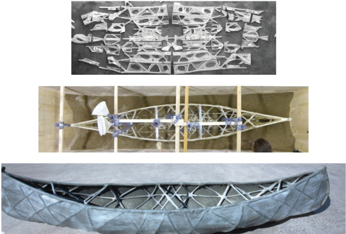 A model of a ship. It showcases the manufacturing process of a canoe using cementitious material injected into printed biopolymer modules. This process is based on the work of Jipa with details about the printed parts presented from top to bottom. 