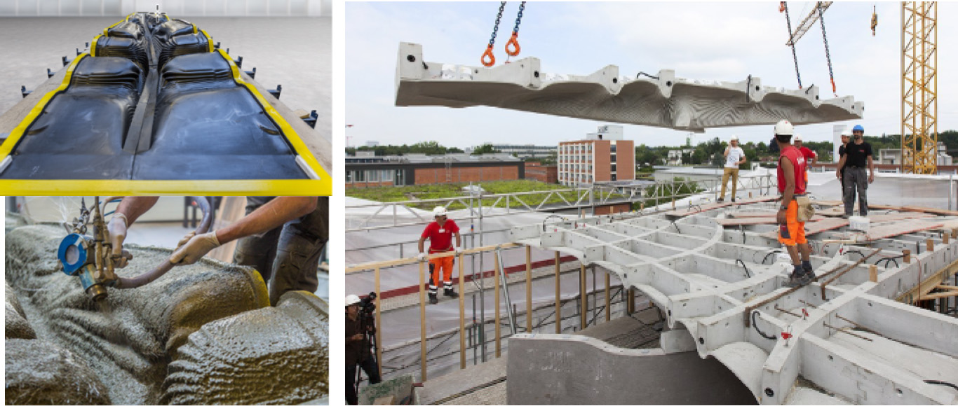 A diagram illustrating two main processes in construction. On the left side, it shows a 3D-printed mould being sprayed with concrete, while on the right side, it showcases the assembly of the structure. The setting appears to be outdoors under a clear sky, emphasizing construction activity.