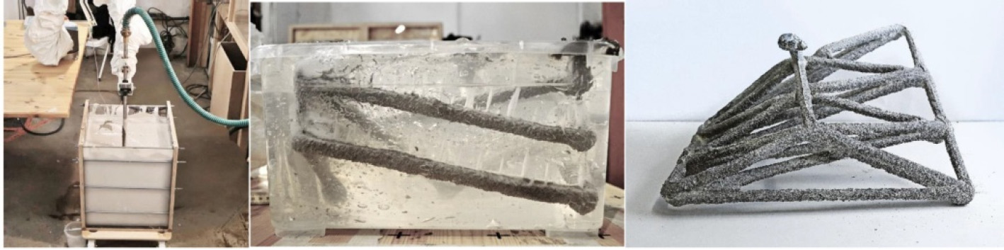 An image features a model of a boat. It illustrates the 3D injection printing process across three stages: the initial injection process in mineral fluid, the shape being printed in gel, and finally, the completed shape after extraction. The content relates to composite materials used in building and construction technologies.