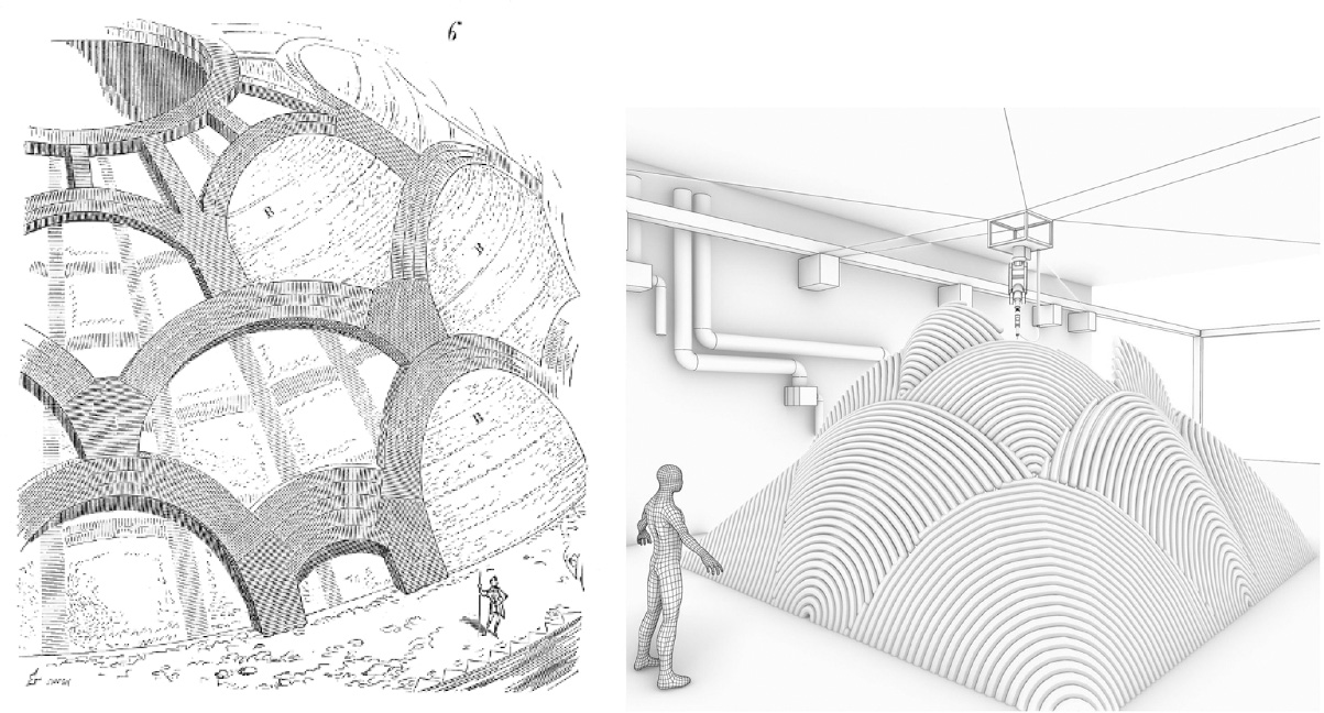 A diagram consisting of two parts. On the left, it presents Viollet-le-Duc's hypothesis regarding the structural design of Agrippa's Pantheon in Rome. 