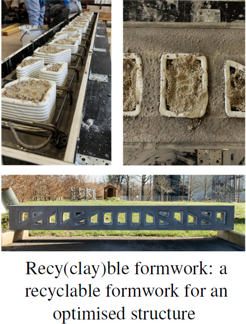 An image related to a website discussing “Recy(clay)ble formwork,” which is described as a recyclable formwork designed for optimized structures. It includes an example of non-collaborative formwork. 