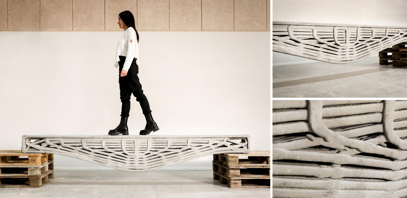 A photograph depicts a woman walking in a room, possibly showcasing a printed and reinforced beam created through 3D printing by Hyperion Robotics. The image might include elements of printed and reinforced beams.