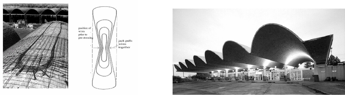 An image appears to depict Eladio Dieste's architectural design featuring slim hulls, showcasing a prestressing system on the left side and the hull itself. The illustration is presented in black and white, emphasizing its artistic and design aspects. 