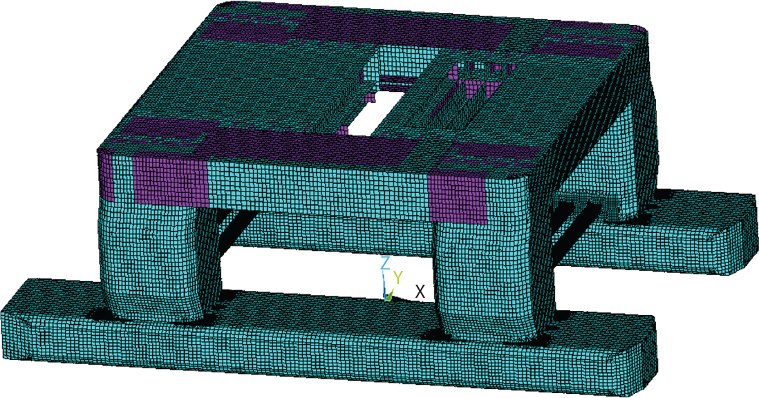 A 3 D mesh model of a mounting bracket or structural support. The model has a rectangular base with two parallel support rails. The main body rises vertically with a central opening and mesh-like grid pattern throughout the surface. A protruding tab extends from one side, while coordinate axes markers X, Y are visible in the central opening. The wireframe construction creates a detailed view of the component's geometry.