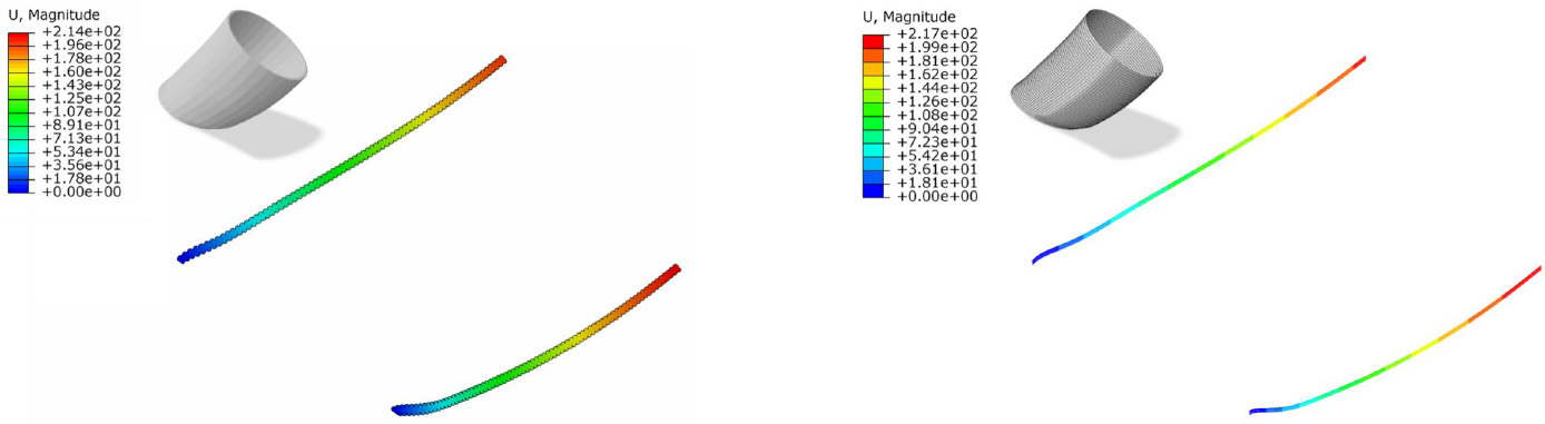 An image represents a visualization of the deformation of an inclined cylinder, showcasing both a volume model and an equivalent plate model. 