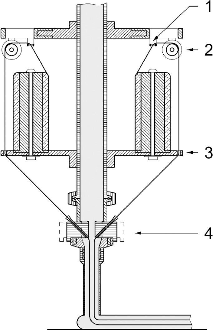 An engineering drawing titled “Fiberized printing device.” It includes labeled components such as coils, pulleys, guides, and a drive head. The content features numbered items corresponding to these elements. 