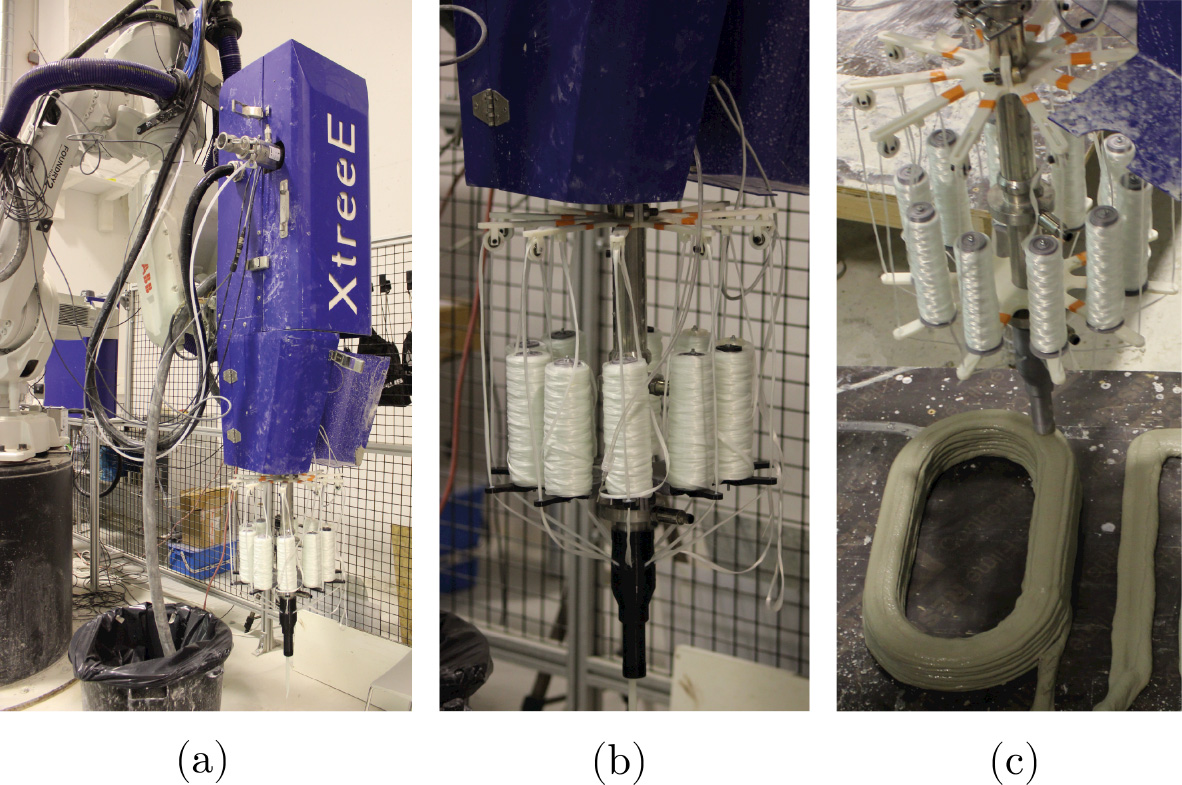 Three photographs feature a Navier laboratory. Additionally, there is a reference to a prototype labeled XtreeE from the Navier laboratory, which utilizes fibreglass printing. The image may also include elements like racks or other bathroom fixtures.