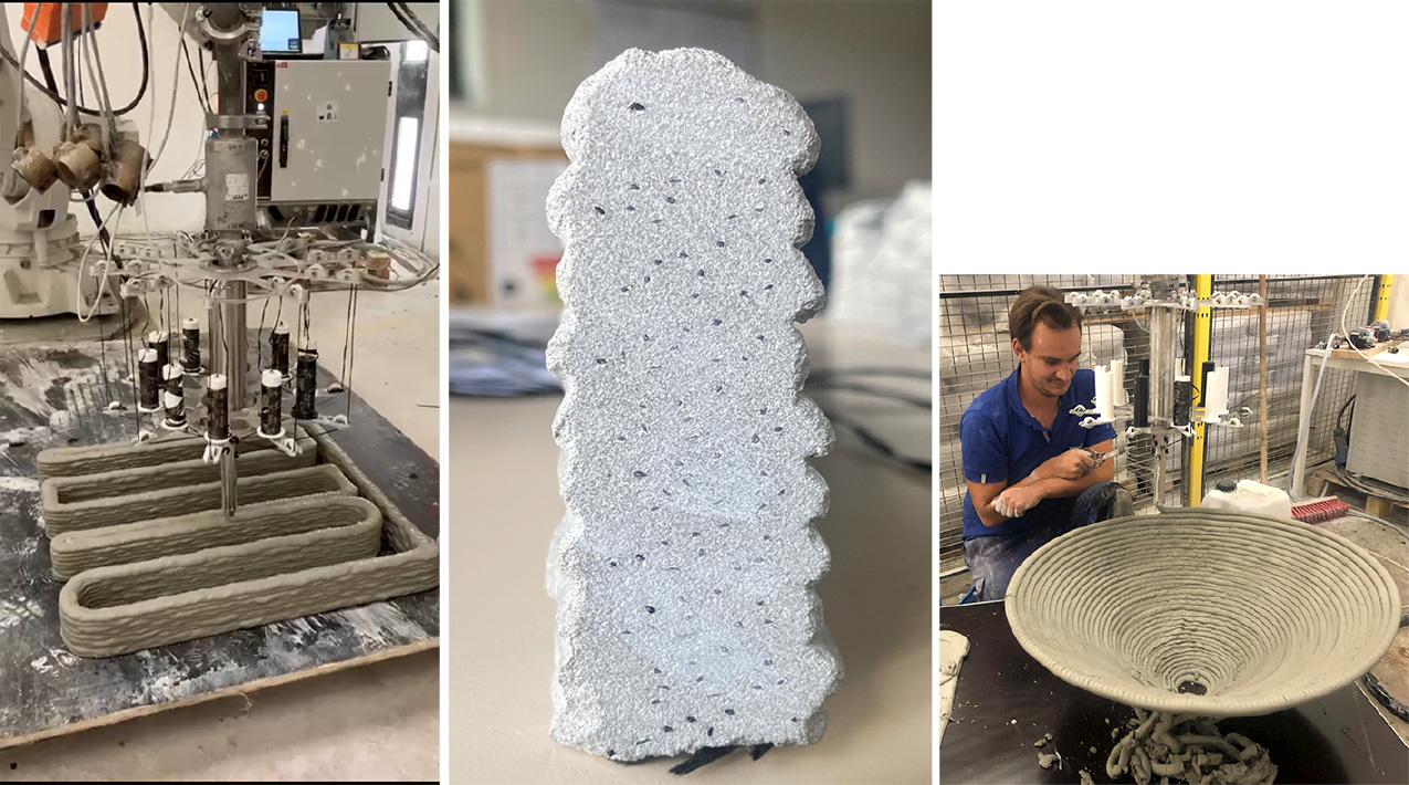 Three images depict Prototype 2 from XtreeE, showcasing the printing process with carbon fibres. The cross-section in the centre illustrates the even distribution of strands, highlighting the creation of a fibrous structure. The setting appears to be indoors.