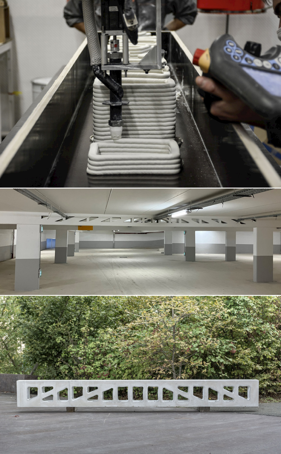 Three photographs feature a prototype of an optimized reinforced concrete beam with printed formwork alongside an application from Chantiers Modernes Construction. The tags suggest it includes elements like stairs, text, and possibly a person in an outdoor setting.