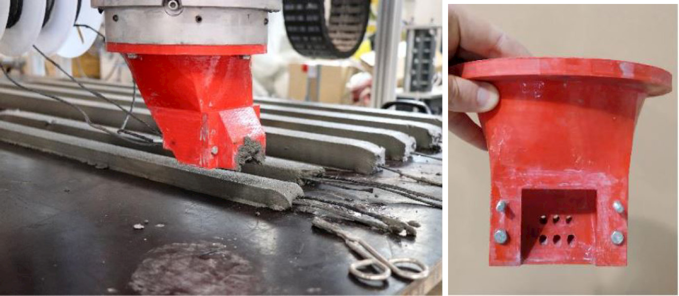 An image shows the ProfiCarb process, a method of 3D printing with carbon fiber-reinforced concrete. On the left, a robotic arm is extruding a stream of concrete, creating a series of long, thin pieces. On the right, a close-up view of the six-yarn nozzle used in the process is shown.