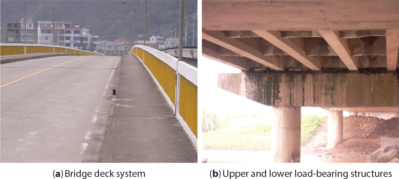 Two bridge photographs side by side labelled a and b. Photo a titled Bridge deck system captures the top surface of a curved bridge deck with a safety barrier along its edge. Buildings appear in the background. Photo b titled Upper and lower load-bearing structures presents an underneath view of the bridge, featuring concrete support beams, columns and the bridge deck's underside structure with visible load-bearing elements.