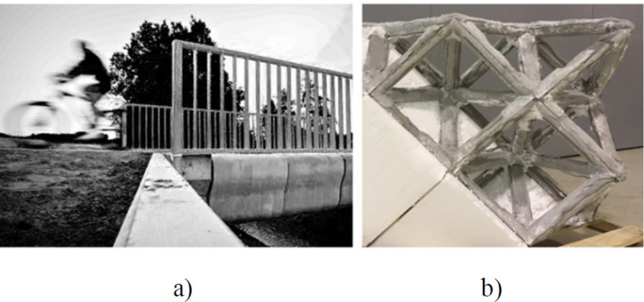 Two photographs include two parts: (a) on the left, a prestressed bicycle bridge constructed using concrete 3D printing, as noted by Salet et al. in 2018; and (b) on the right. 