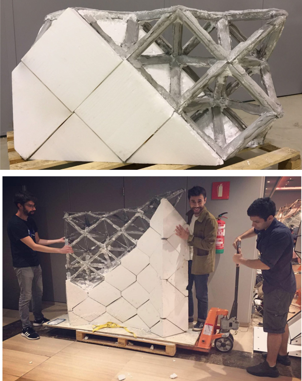 A photograph depicts a group of men engaged in a project related to the development of a space lattice wall. The image includes two prototypes: the first is a standard prototype, while the second features reinforcement with continuous long fibre. The work reflects collaborative design efforts in the field of art and engineering.